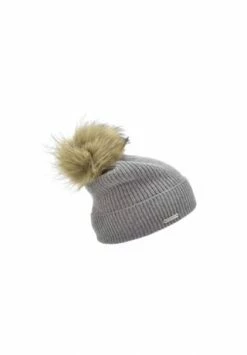 SEEBERGER Cashmere Aufschlagmütze Und Kunstfellpompom 18300-1 Rauchgrau